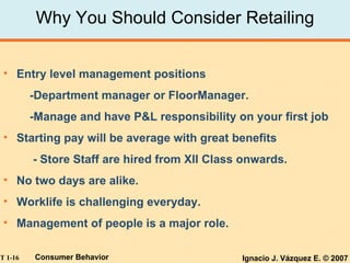 Why You Should Consider Retailing Entry level management positions -Department manager or FloorManager. -Manage and have P&L responsibility on your first job Starting pay will be average with great benefits  - Store Staff are hired from XII Class onwards. No two days are alike. Worklife is challenging everyday. Management of people is a major role. 