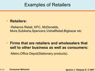 Examples of Retailers Retailers: -Reliance Retail, KFC, McDonalds, More,Subiksha,Spencers,VishalRetail,Bigbazar etc Firms that are retailers and wholesalers that sell to other business as well as consumers: -Metro,Office Depot(Stationery products).   