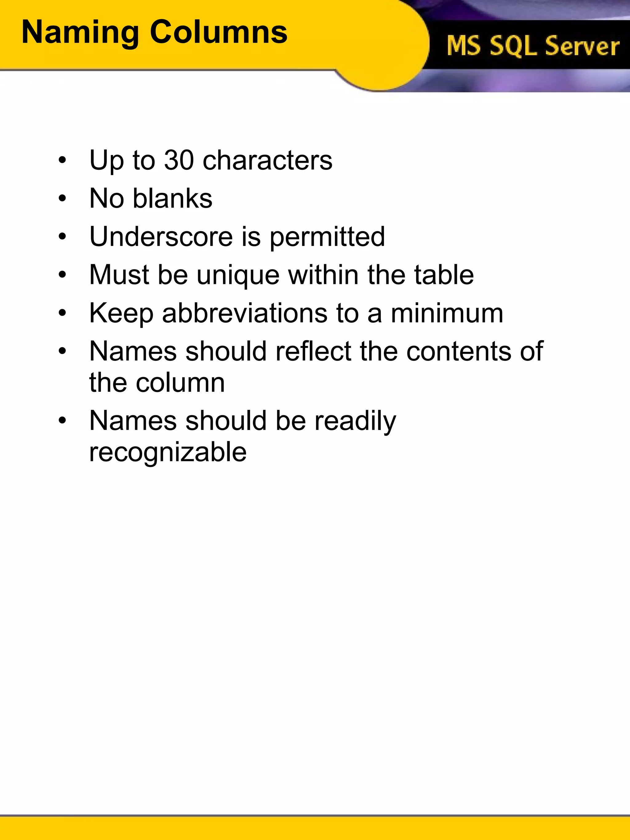 Naming Columns Up to 30 characters No blanks Underscore is permitted Must be unique within the table Keep abbreviations to a minimum Names should reflect the contents of the column Names should be readily recognizable 