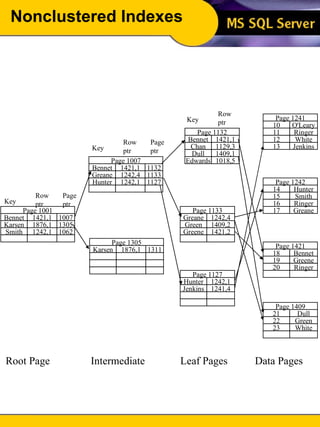 Nonclustered Indexes Page 1001 Bennet 1007 1421,1 Karsen 1305 1876,1 Smith 1062 1242,1 Page 1007 Bennet 1132 1421,1 Greane 1133 1242,4 Hunter 1127 1242,1 Page 1305 Karsen 1311 1876,1 Page 1133 Greane 1242,4 Green 1409,2 Greene 1421,2 Page 1127 Hunter 1242,1 Jenkins 1241,4 Page 1421 18 Bennet 19 Greene 20 Ringer Page 1409 21 Dull 22 Green 23 White Page 1241 10 O'Leary 11 Ringer 12 White 13 Jenkins Page 1242 14 Hunter 15 Smith 16 Ringer 17 Greane Page 1132 Bennet 1421,1 Chan 1129,3 Dull 1409,1 Edwards 1018,5 Key Row ptr Page ptr Key Row ptr Page ptr Key Row ptr Root Page Intermediate Leaf Pages Data Pages 