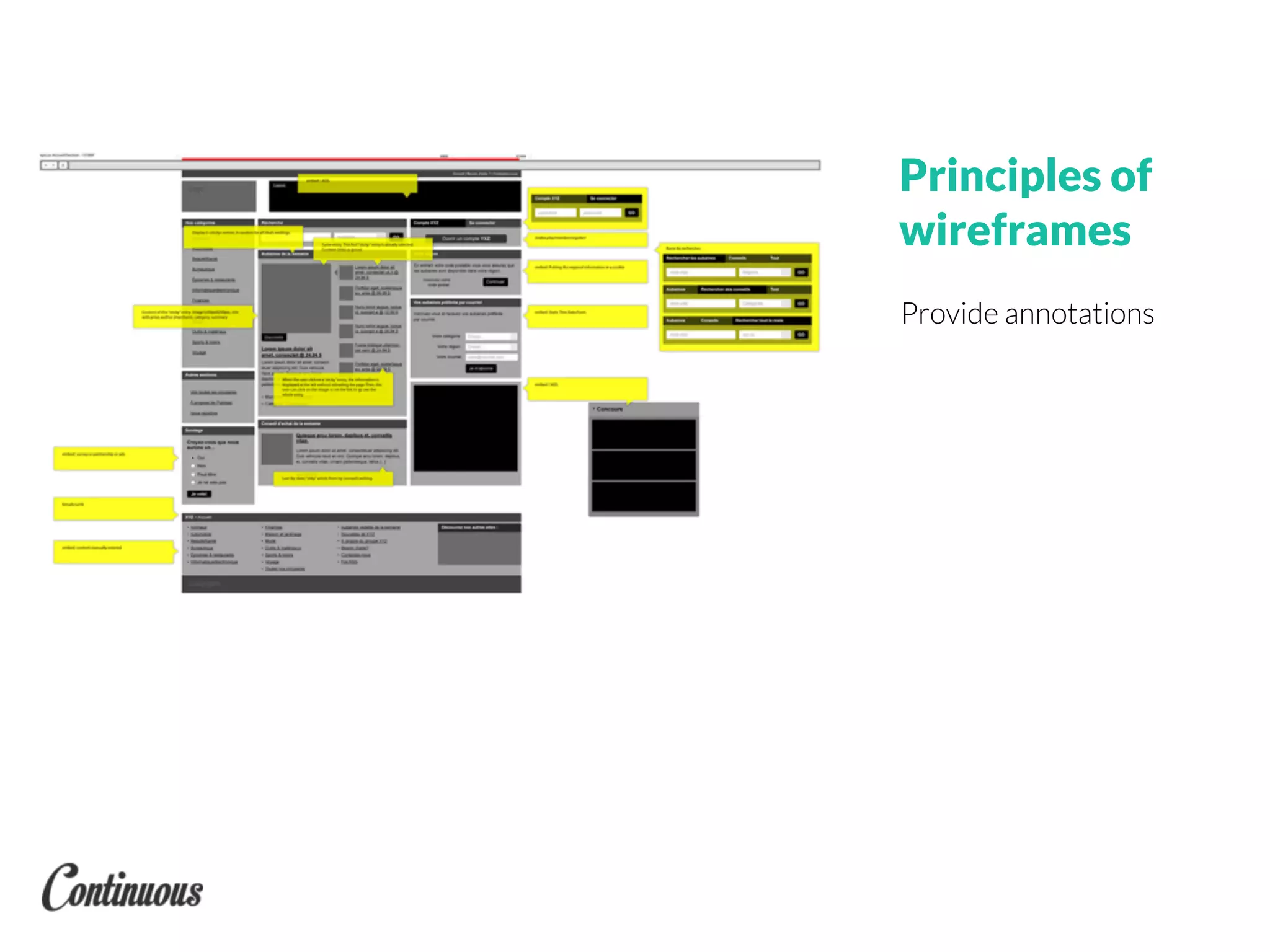 Provide annotations
Principles of
wireframes
 