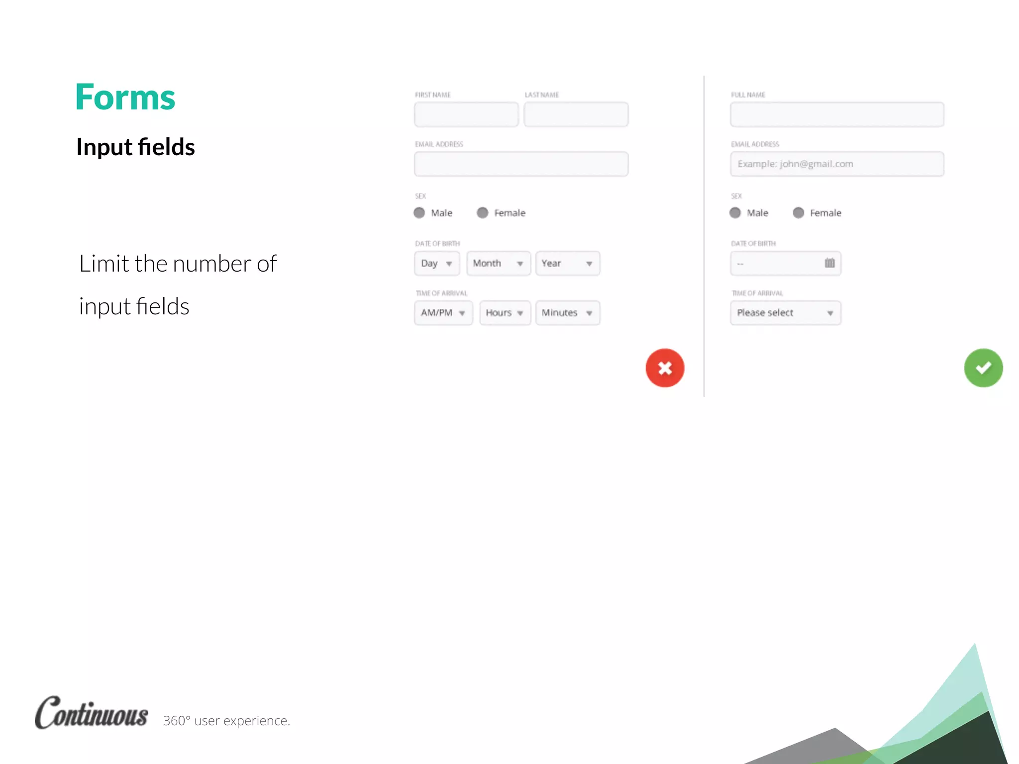 360° user experience.
Forms
Limit the number of
input ﬁelds
Input ﬁelds
 