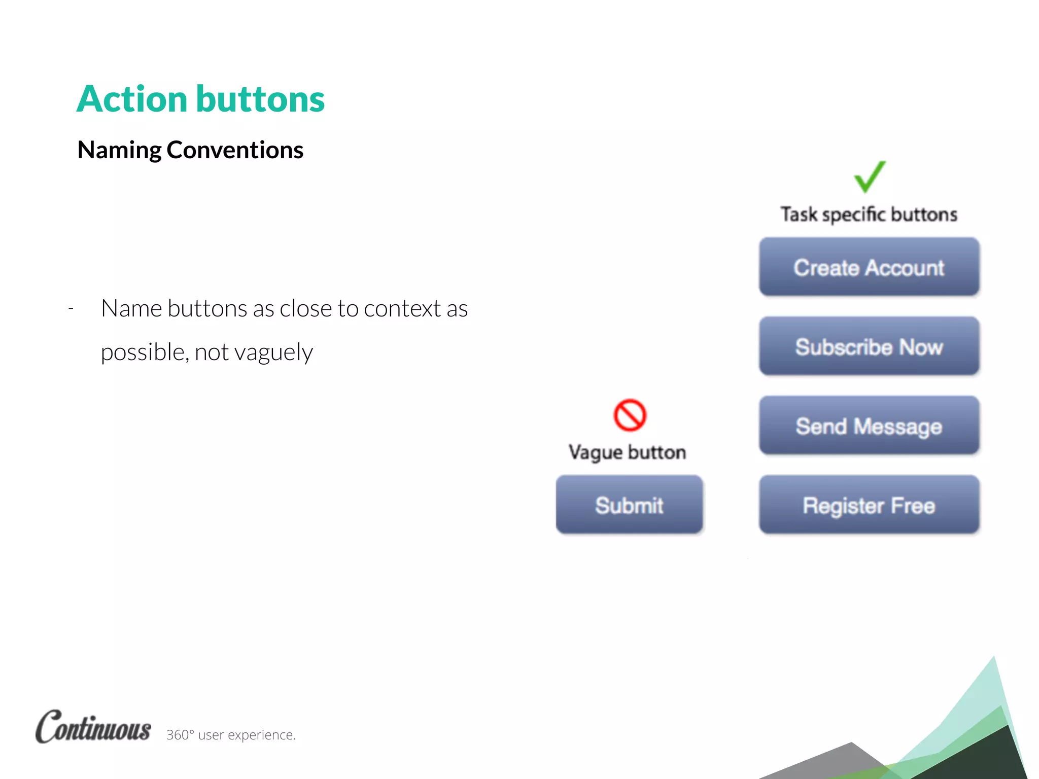 360° user experience.
- Name buttons as close to context as
possible, not vaguely
Action buttons
Naming Conventions
 