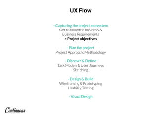 UX Flow
- Capturing the project ecosystem
Get to know the business &
Business Requirements
> Project objectives
- Plan the project
Project Approach: Methodology
- Discover & Deﬁne
Task Models & User Journeys
Sketching
- Design & Build
Wireframing & Prototyping
Usability Testing
- Visual Design
 