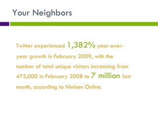 Your Neighbors Twitter experienced  1,382%  year-over-year growth in February 2009, with the number of total unique visitors increasing from 475,000 in February 2008 to  7 million  last month, according to Nielsen Online.  