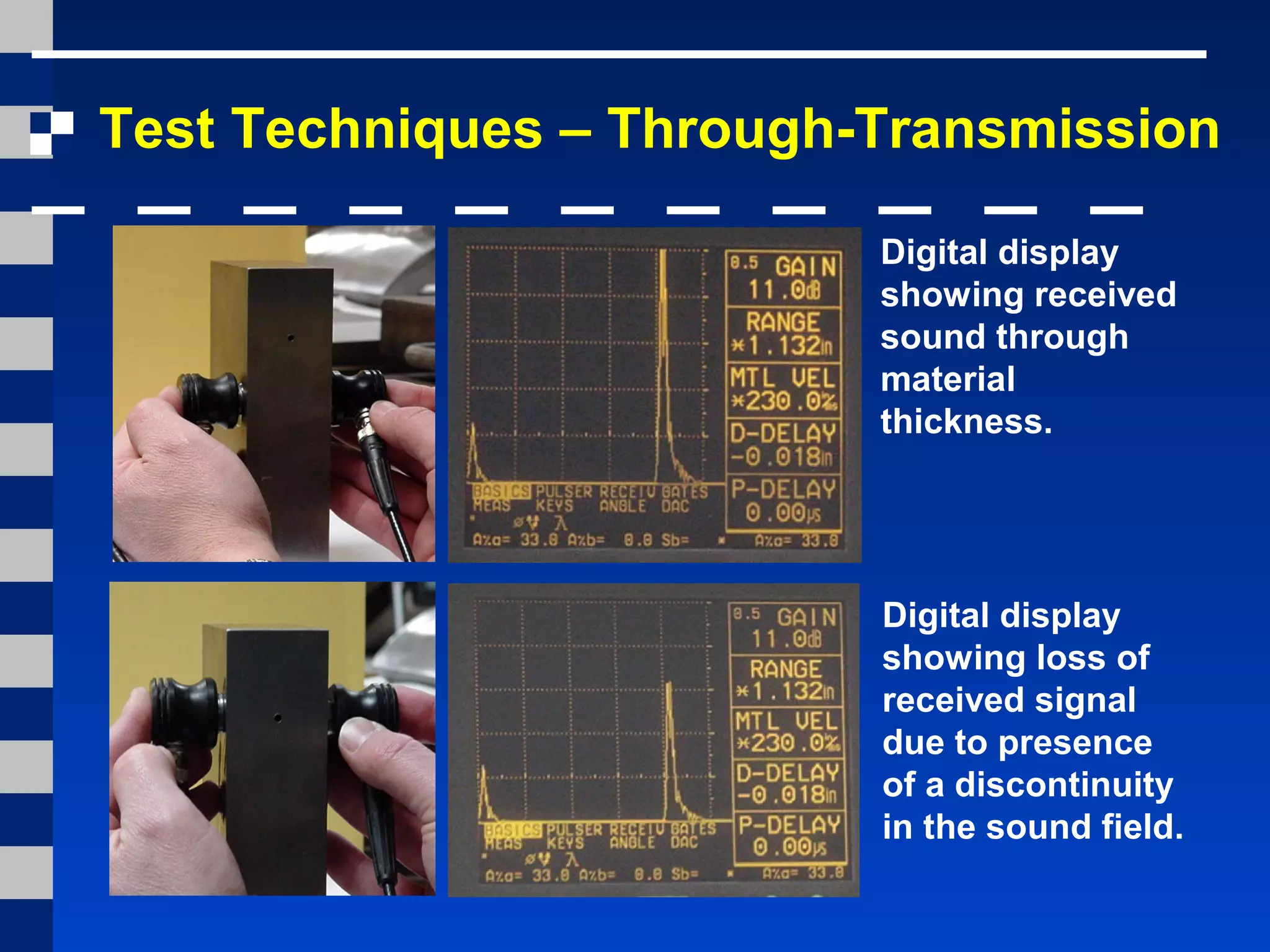 Digital display
showing received
sound through
material
thickness.
Digital display
showing loss of
received signal
due to presence
of a discontinuity
in the sound field.
Test Techniques – Through-Transmission
 