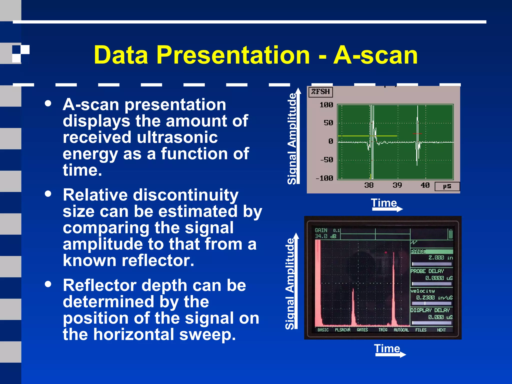 Data Presentation - A-scan
• A-scan presentation
displays the amount of
received ultrasonic
energy as a function of
time.
• Relative discontinuity
size can be estimated by
comparing the signal
amplitude to that from a
known reflector.
• Reflector depth can be
determined by the
position of the signal on
the horizontal sweep.
Time
SignalAmplitudeSignalAmplitude
Time
 