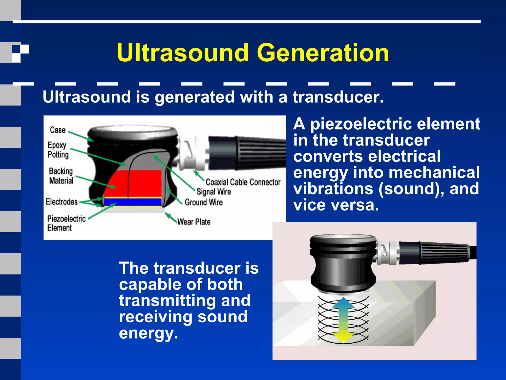 Ultrasound Generation
The transducer is
capable of both
transmitting and
receiving sound
energy.
Ultrasound is generated with a transducer.
A piezoelectric element
in the transducer
converts electrical
energy into mechanical
vibrations (sound), and
vice versa.
 