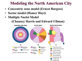 Modeling the North American City
• Concentric zone model (Ernest Burgess)
• Sector model (Homer Hoyt)
• Multiple Nuclei Model
(Chauncy Harris and Edward Ullman)
 