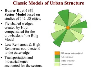 Classic Models of Urban Structure
• Homer Hoyt-1939
Sector Model based on
studies of 142 US cities.
• Pie-shaped wedges
created by Hoyt
compensated for the
drawbacks of the Ring
Model
• Low Rent areas & High
Rent areas could extend
to the outer edge
• Transportation and
industrial zones
accounted for the sectors
 