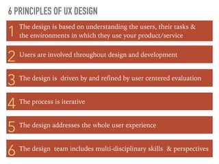 6
5
4
3
2
1
6 PRINCIPLES OF UX DESIGN
The design is based on understanding the users, their tasks &
the environments in which they use your product/service
Users are involved throughout design and development
The design is driven by and refined by user centered evaluation
The process is iterative
The design addresses the whole user experience
The design team includes multi-disciplinary skills & perspectives
 