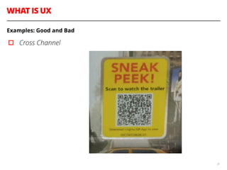 WHAT IS UX
29
Examples: Good and Bad
▫︎ Cross Channel
 