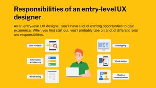 Responsibilities of an entry-level UX
designer
As an entry-level UX designer, you’ll have a lot of exciting opportunities to gain
experience. When you first start out, you’ll probably take on a lot of different roles
and responsibilities.
 