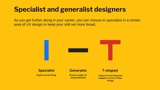 Specialist and generalist designers
As you get further along in your career, you can choose to specialize in a certain
area of UX design or keep your skill set more broad.
 
