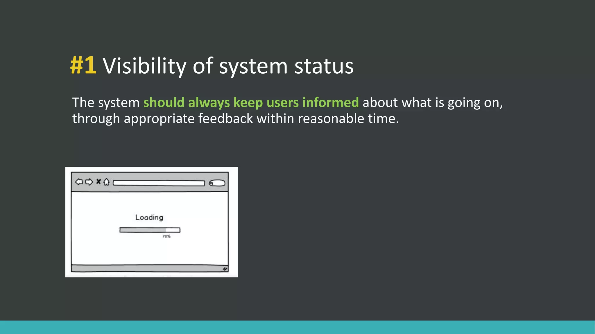 #1 Visibility of system status
The system should always keep users informed about what is going on,
through appropriate feedback within reasonable time.
 