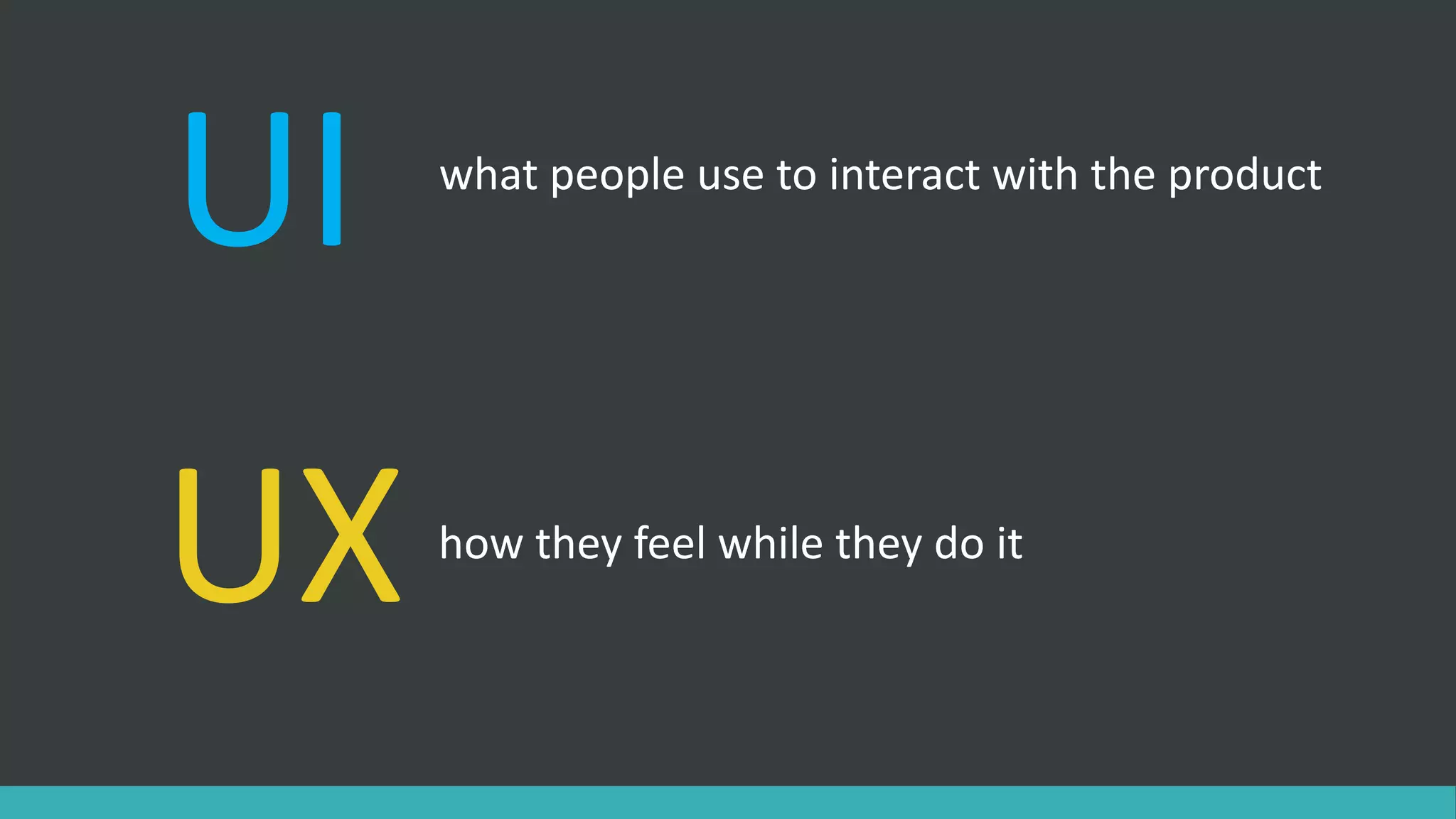 what people use to interact with the product
UI
UX how they feel while they do it
 