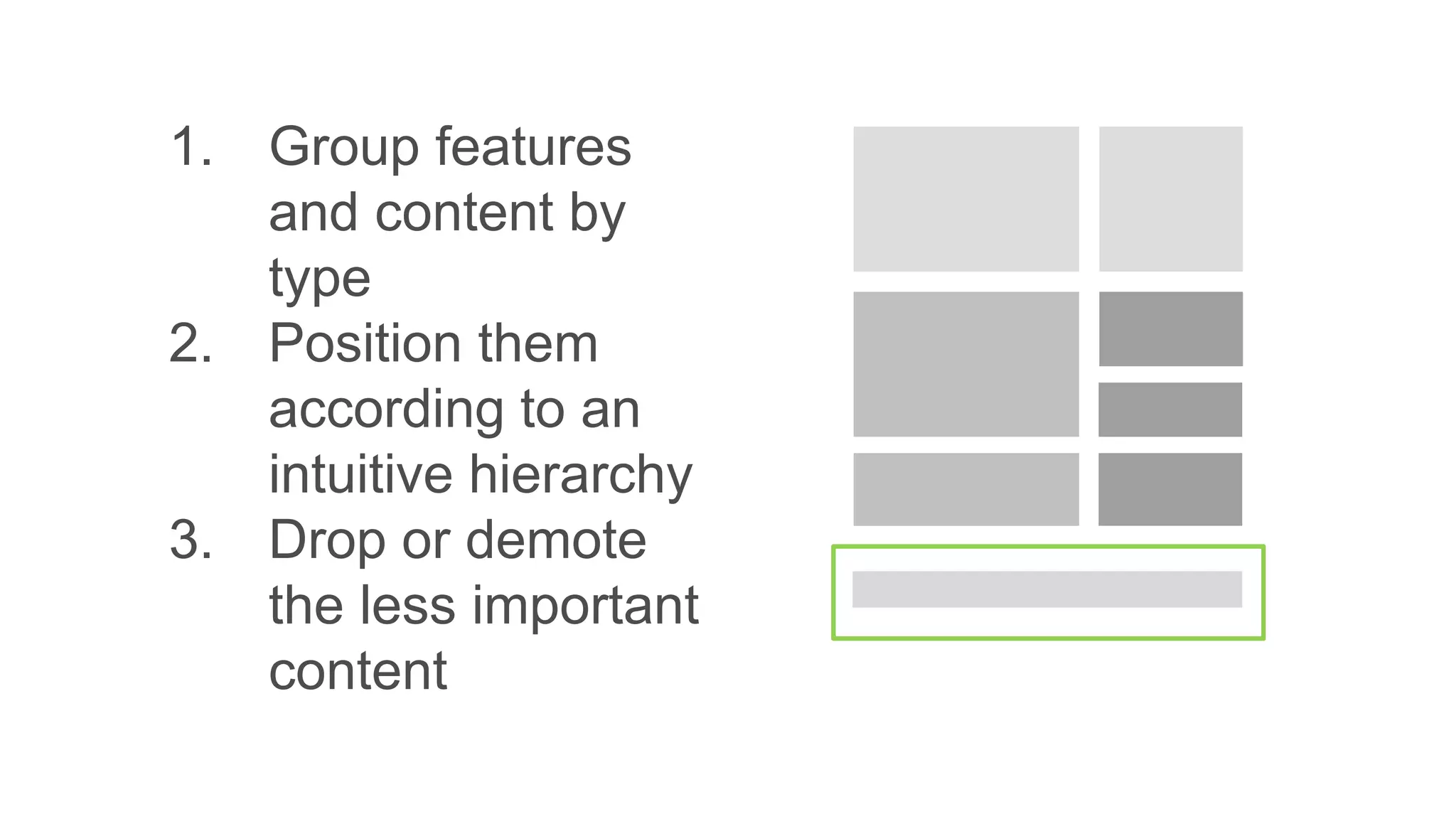 1. Group features
and content by
type
2. Position them
according to an
intuitive hierarchy
3. Drop or demote
the less important
content
 