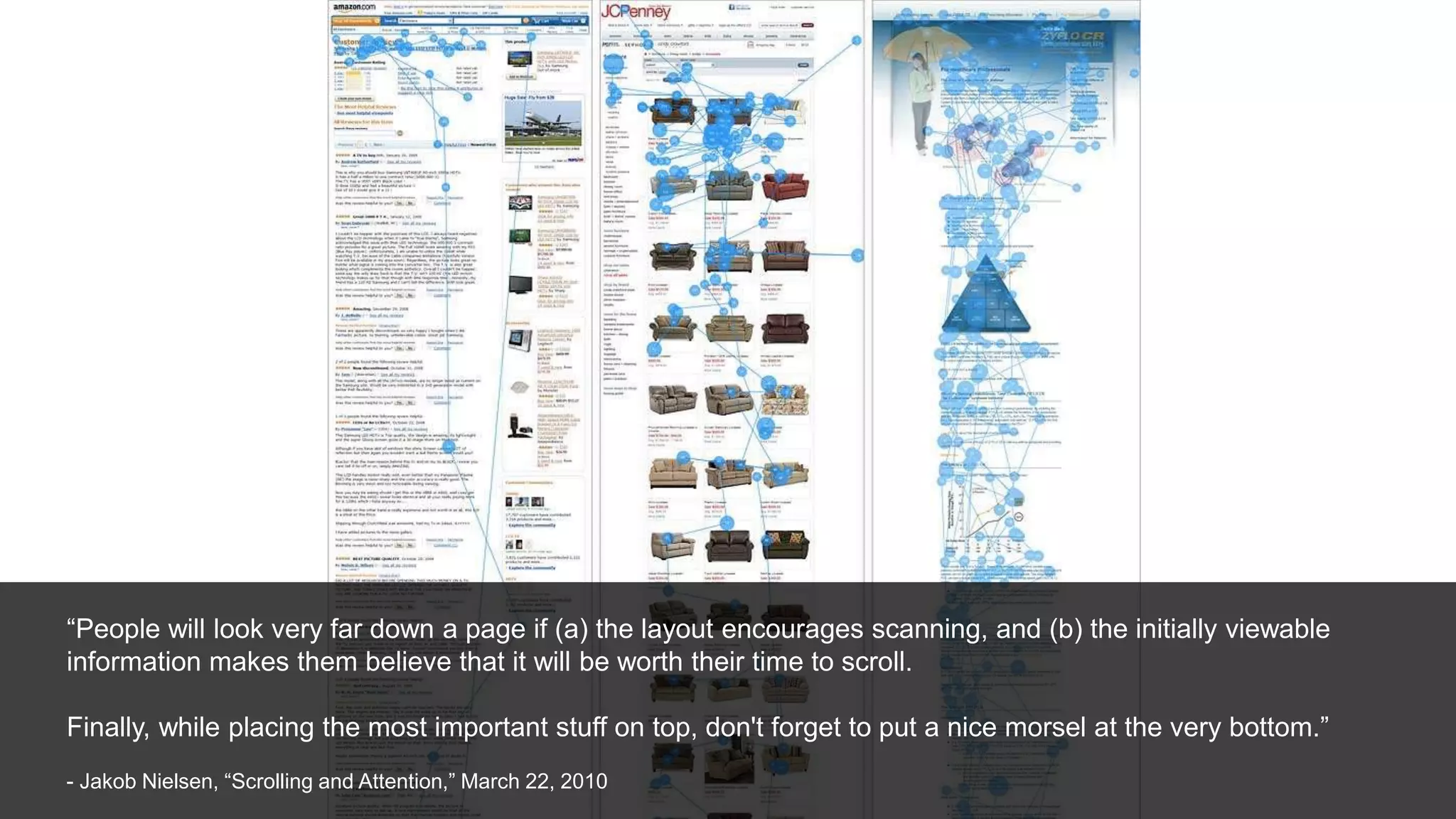 “People will look very far down a page if (a) the layout encourages scanning, and (b) the initially viewable
information makes them believe that it will be worth their time to scroll.
Finally, while placing the most important stuff on top, don't forget to put a nice morsel at the very bottom.”
- Jakob Nielsen, “Scrolling and Attention,” March 22, 2010
 