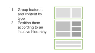 1. Group features
and content by
type
2. Position them
according to an
intuitive hierarchy
 