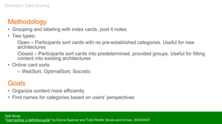 Methodology
• Grouping and labeling with index cards, post it notes
• Two types:
Open – Participants sort cards with no pre-established categories. Useful for new
architectures
Closed – Participants sort cards into predetermined, provided groups. Useful for fitting
content into existing architectures
• Online card sorts
– WebSort, OptimalSort, Socratic
Goals
• Organize content more efficiently
• Find names for categories based on users’ perspectives
Self Study
"Card sorting: a definitive guide" by Donna Spencer and Todd Warfel, Boxes and Arrows, 2004/04/07
Definition: Card Sorting
 