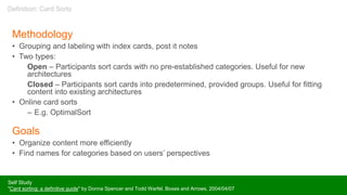 Methodology
• Grouping and labeling with index cards, post it notes
• Two types:
Open – Participants sort cards with no pre-established categories. Useful for new
architectures
Closed – Participants sort cards into predetermined, provided groups. Useful for fitting
content into existing architectures
• Online card sorts
– E.g. OptimalSort
Goals
• Organize content more efficiently
• Find names for categories based on users’ perspectives
Self Study
"Card sorting: a definitive guide" by Donna Spencer and Todd Warfel, Boxes and Arrows, 2004/04/07
Definition: Card Sorts
 