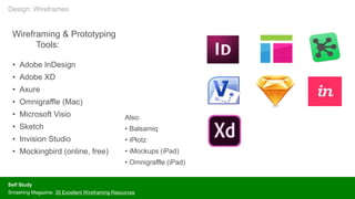 Wireframing & Prototyping
Tools:
• Adobe InDesign
• Adobe XD
• Axure
• Omnigraffle (Mac)
• Microsoft Visio
• Sketch
• Invision Studio
• Mockingbird (online, free)
Self Study
Smashing Magazine: 35 Excellent Wireframing Resources
Also:
• Balsamiq
• iPlotz
• iMockups (iPad)
• Omnigraffle (iPad)
Design: Wireframes
 