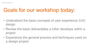 Goals for our workshop today:
• Understand the basic concepts of user experience (UX)
design
• Review the basic deliverables a UXer develops within a
project
• Experience the general process and techniques used on
a design project
Introductions
 