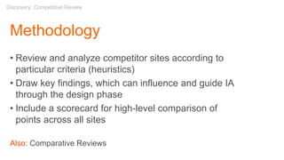 Methodology
• Review and analyze competitor sites according to
particular criteria (heuristics)
• Draw key findings, which can influence and guide IA
through the design phase
• Include a scorecard for high-level comparison of
points across all sites
Also: Comparative Reviews
Discovery: Competitive Review
 