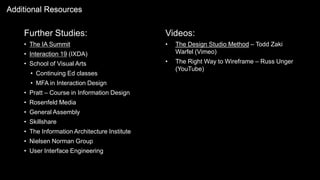 Further Studies:
• The IA Summit
• Interaction 19 (IXDA)
• School of Visual Arts
• Continuing Ed classes
• MFA in Interaction Design
• Pratt – Course in Information Design
• Rosenfeld Media
• General Assembly
• Skillshare
• The Information Architecture Institute
• Nielsen Norman Group
• User Interface Engineering
Additional Resources
Videos:
• The Design Studio Method – Todd Zaki
Warfel (Vimeo)
• The Right Way to Wireframe – Russ Unger
(YouTube)
 