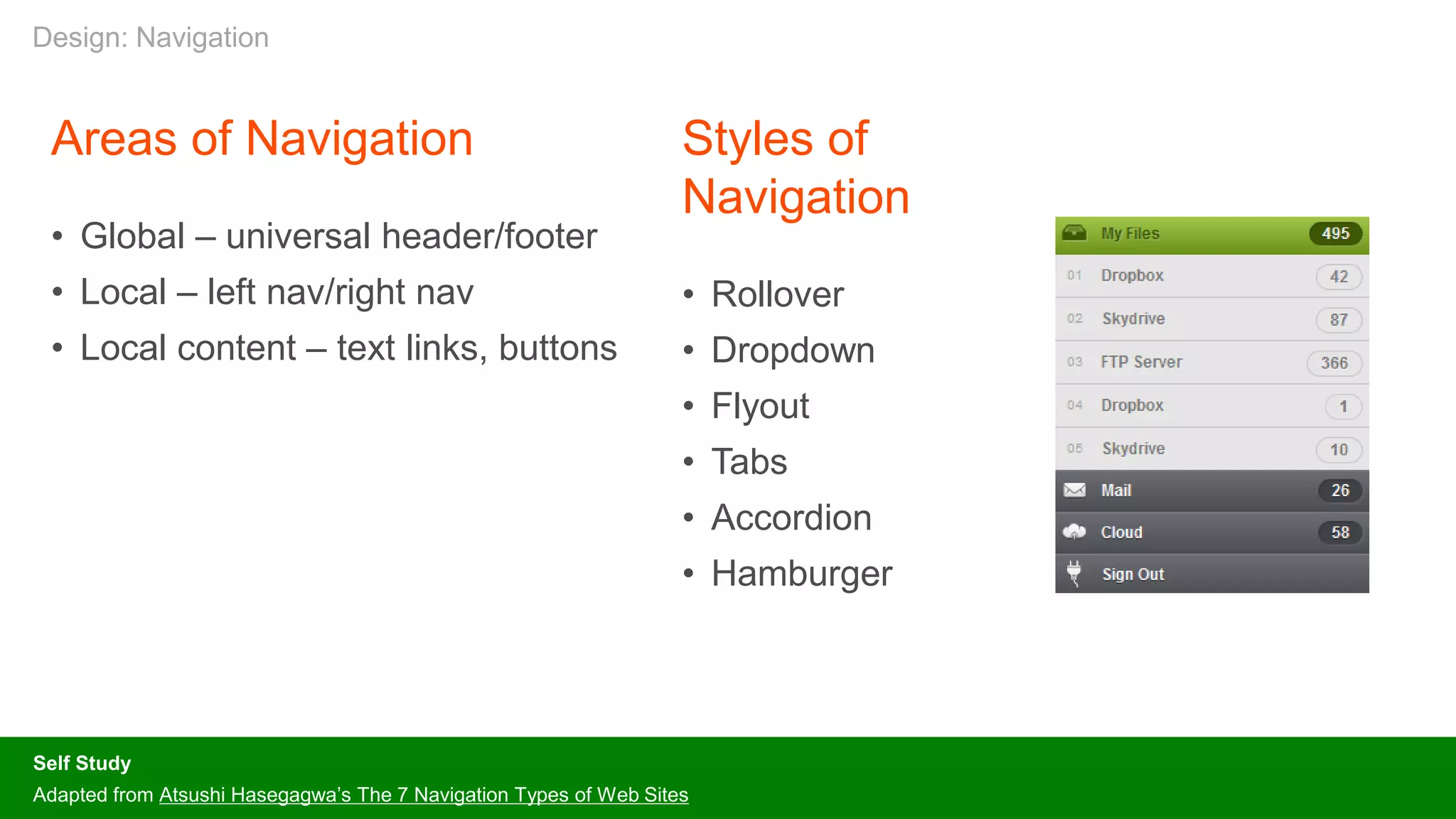 Areas of Navigation
• Global – universal header/footer
• Local – left nav/right nav
• Local content – text links, buttons
Self Study
Adapted from Atsushi Hasegagwa’s The 7 Navigation Types of Web Sites
Styles of
Navigation
• Rollover
• Dropdown
• Flyout
• Tabs
• Accordion
• Hamburger
Design: Navigation
 