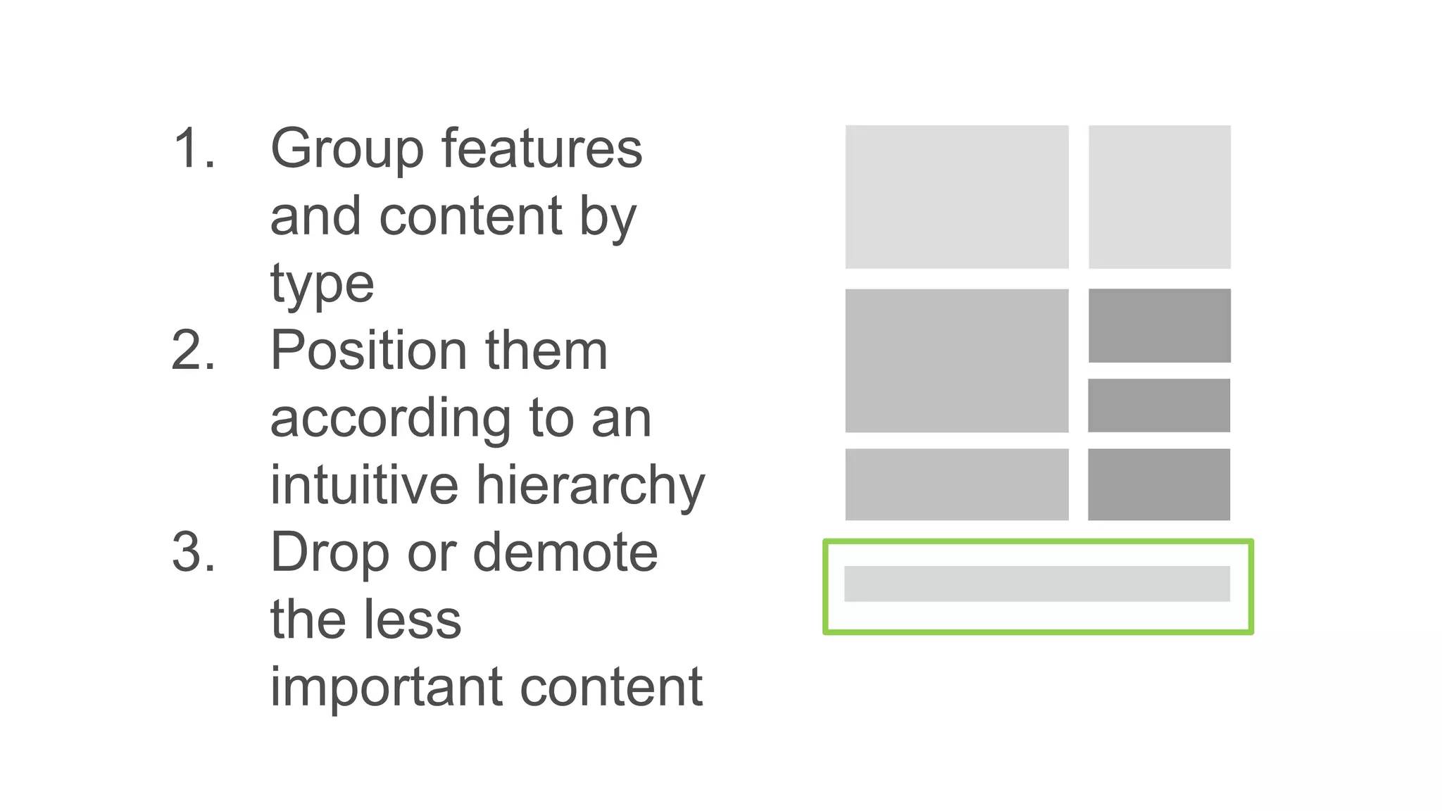 1. Group features
and content by
type
2. Position them
according to an
intuitive hierarchy
3. Drop or demote
the less
important content
 