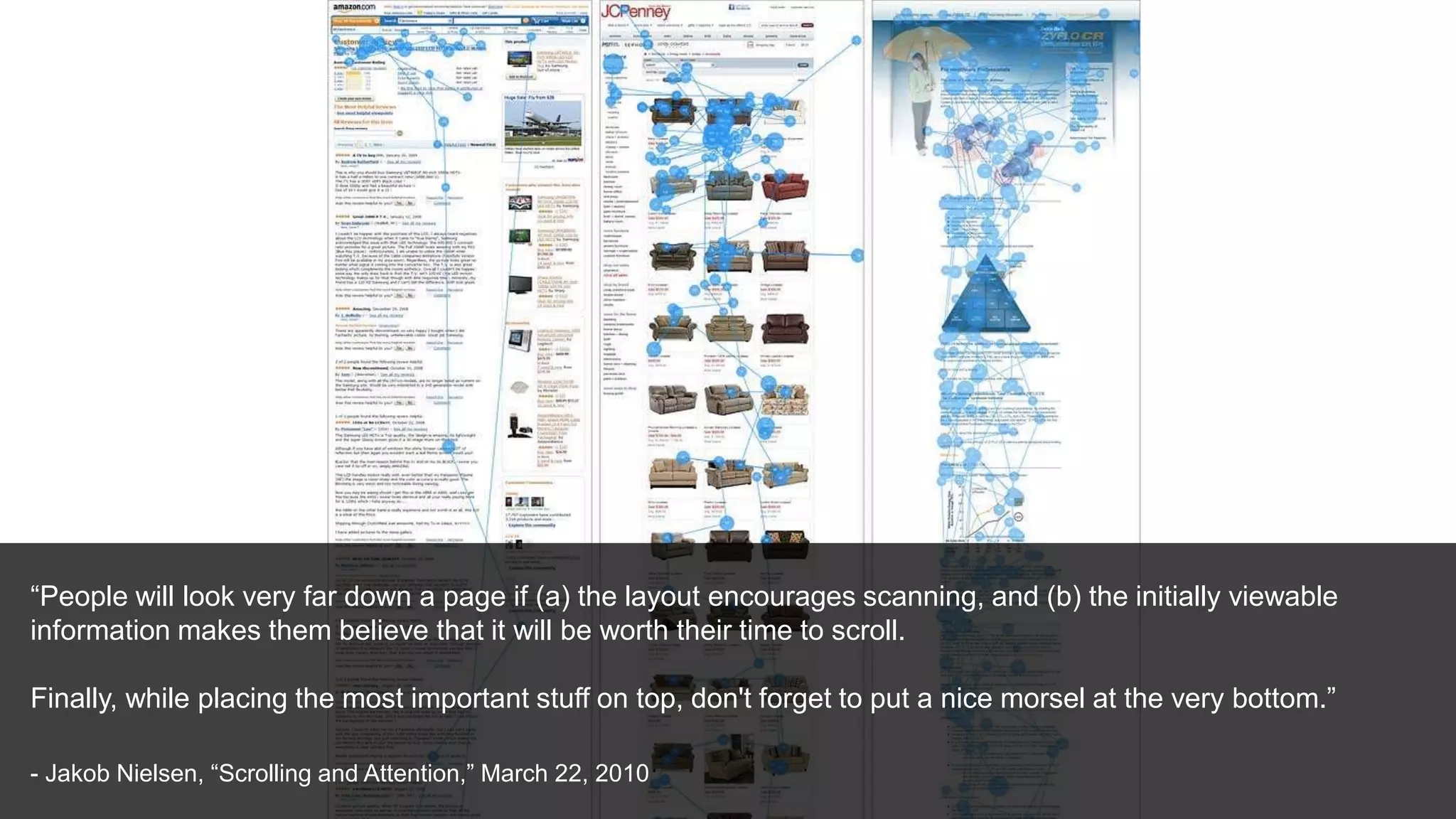 “People will look very far down a page if (a) the layout encourages scanning, and (b) the initially viewable
information makes them believe that it will be worth their time to scroll.
Finally, while placing the most important stuff on top, don't forget to put a nice morsel at the very bottom.”
- Jakob Nielsen, “Scrolling and Attention,” March 22, 2010
 