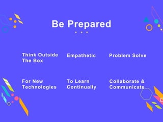 Collaborate &
Communicate
For New
Technologies
Problem SolveThink Outside
The Box
To Learn
Continually
Empathetic
Be Prepared
 