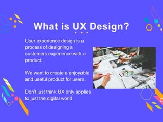 User experience design is a
process of designing a
customers experience with a
product.
What is UX Design?
We want to create a enjoyable
and useful product for users.
Don’t just think UX only applies
to just the digital world
 