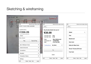 Sketching & wireframing 
26/5/2011 Payment of €35 to John Smith 
Available balance 
€356.26 
as of 12:32 31st July 2011 
refresh: 
Add / Withdraw Funds 
Cards & Accounts 
Privacy | Terms | Help Logout 
Make a Payment 
Welcome Oliver A.Baker (Initech) 
Pay Scan & Pay 
Connections 
Receipts/ 
Transaction History 
Settings 
Welcome Oliver A.Baker (Initech) 
Privacy | Terms | Help Logout 
Home 
Pay Arnotts Dublin the sum of 
€35.00 
Line Item One €10 
Line Item Two € 25 
Teller: Mary McDermott 
Transaction ID: 1234567890 
Date: 21st Feb 2001 
Funding Source: My Wallet 
Pay 
Cancel 
Welcome Oliver A.Baker (Initech) 
Privacy | Terms | Help Logout 
Home 
Wallet 
Visa 
Mastercard 
Solo Card 
Delta Air Miles Card 
Brown Thomas Gift Card 
Fuel Card 
 