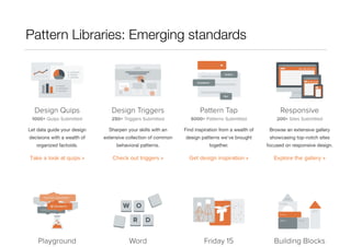 Leverage emerging standards: pattern libraries 
Source: Zurb University: Library 
http://zurb.com/university/library 
 
