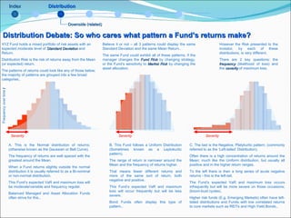 Index Distribution Debate: So who cares what pattern a Fund’s returns make? Distribution XYZ Fund holds a mixed portfolio of risk assets with an expected moderate level of  Standard Deviation  and Return.  Distribution Risk is the risk of returns away from the Mean (or expected) return. The patterns of returns could look like any of those below; the majority of patterns are grouped into a few broad categories.. Downside (related) Believe it or not – all 3 patterns could display the same Standard Deviation and the same Mean Return.. The same Fund could exhibit all of these patterns, if the manager changes the  Fund Risk  by changing strategy, or the Fund’s sensitivity to  Market Risk  by changing the asset allocation. However the Risk presented to the investor, by each of these distributions, is very different.  There are 2 key questions: the  frequency  (likelihood of loss) and the  severity  of maximum loss. A. This is the Normal distribution of returns; (otherwise known as the Gaussian or Bell Curve). The frequency of returns are well spaced with the greatest around the Mean.  When a Fund returns slightly outside the normal distribution it is usually referred to as a Bi-nominal or non-normal distribution.  This Fund’s expected VaR and maximum loss will be moderate/variable and frequency regular. Balanced Managed and Asset Allocation Funds often strive for this..  B. This Fund follows a Uniform Distribution (Sometimes known as a Leptokurtic pattern). The range of return is narrower around the Mean and the frequency of returns higher.  That means fewer different returns and more of the same sort of return, both negative and positive. This Fund’s expected VaR and maximum loss will occur frequently but will be less severe.  Bond Funds often display this type of pattern.. C. The last is the Negative, Platykurtic pattern; (commonly referred to as the ‘Left-tailed’ Distribution). Often there is a high concentration of returns around the Mean; much like the Uniform distribution, but usually all positive and in the higher return ranges. To the left there is then a long series of acute negative returns - this is the left-tail. The Fund’s expected VaR and maximum loss occurs infrequently but will be more severe on those occasions; (boom-bust cycles). Higher risk funds (E.g. Emerging Markets) often have left-tailed distributions and Funds with low correlated returns to core markets such as REITs and High Yield Bonds.. Frequency over time  t Severity Severity Severity 