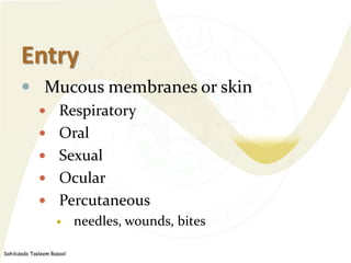 Sahibzada Tasleem Rasool
Entry
 Mucous membranes or skin
 Respiratory
 Oral
 Sexual
 Ocular
 Percutaneous
 needles,...