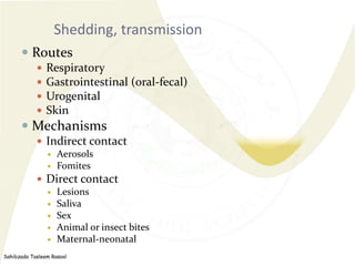 Sahibzada Tasleem Rasool
Shedding, transmission
 Routes
 Respiratory
 Gastrointestinal (oral-fecal)
 Urogenital
 Skin...