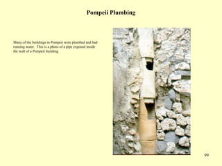 99
Pompeii Plumbing
Many of the buildings in Pompeii were plumbed and had
running water. This is a photo of a pipe exposed inside
the wall of a Pompeii building.
 