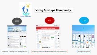facebook.com/groups/vizagstartups meetup.com/Visakhapatnam-Startups-Meetup/
Vizag Startups Community
VizagStartups.in
425 1201670
 