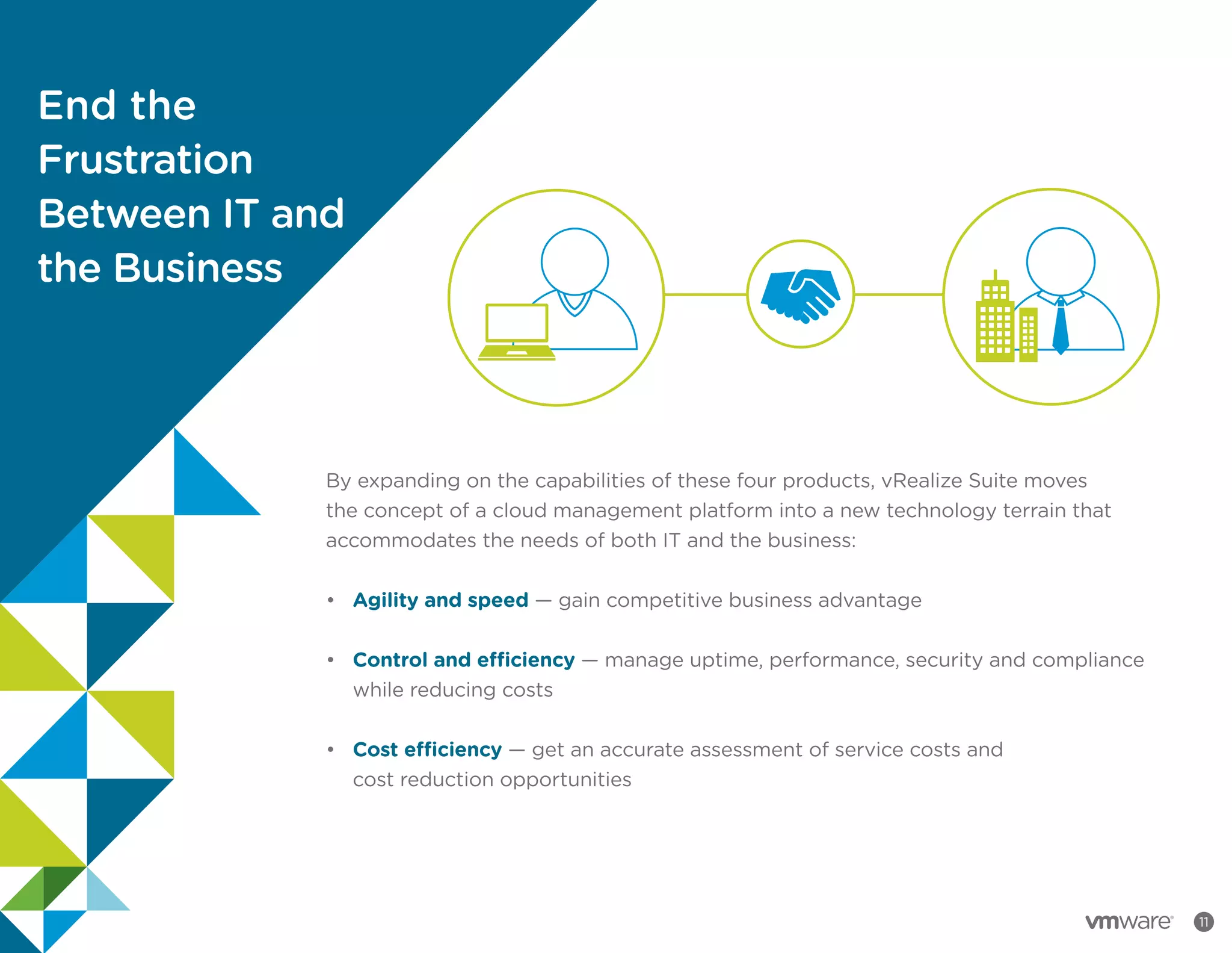 End the
Frustration
Between IT and
the Business
11
By expanding on the capabilities of these four products, vRealize Suite moves
the concept of a cloud management platform into a new technology terrain that
accommodates the needs of both IT and the business:
•		 Agility and speed — gain competitive business advantage
•		 Control and efficiency — manage uptime, performance, security and compliance 		
		 while reducing costs
•		 Cost efficiency — get an accurate assessment of service costs and
		 cost reduction opportunities
 