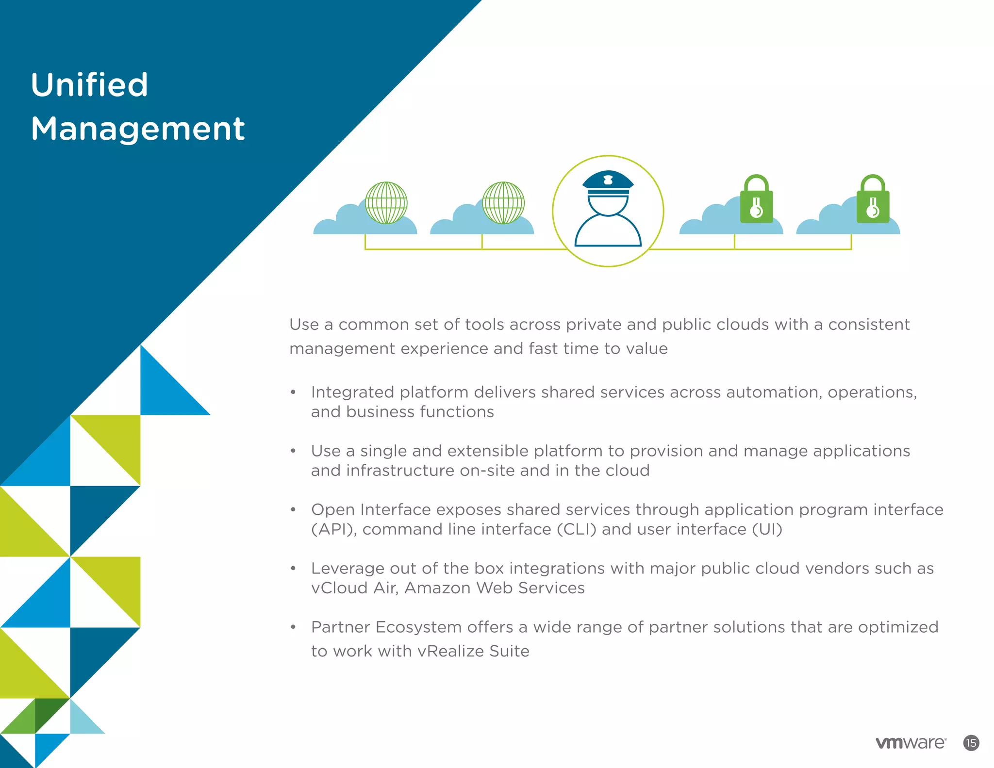 Unified
Management
15
Use a common set of tools across private and public clouds with a consistent
management experience and fast time to value
•		 Integrated platform delivers shared services across automation, operations,
		 and business functions
•		 Use a single and extensible platform to provision and manage applications
		 and infrastructure on-site and in the cloud
•		 Open Interface exposes shared services through application program interface
		 (API), command line interface (CLI) and user interface (UI)
•		 Leverage out of the box integrations with major public cloud vendors such as
		 vCloud Air, Amazon Web Services
•		 Partner Ecosystem offers a wide range of partner solutions that are optimized
		 to work with vRealize Suite
 