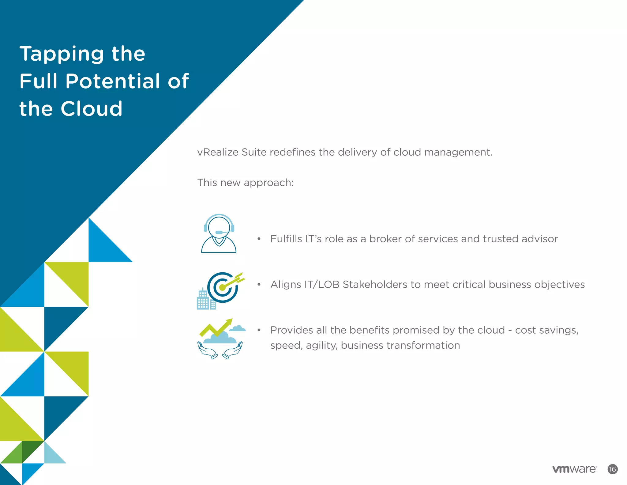 Tapping the
Full Potential of
the Cloud
16
vRealize Suite redefines the delivery of cloud management.
This new approach:
•		 Fulfills IT’s role as a broker of services and trusted advisor
•		 Aligns IT/LOB Stakeholders to meet critical business objectives
•		 Provides all the benefits promised by the cloud - cost savings,
		 speed, agility, business transformation
 