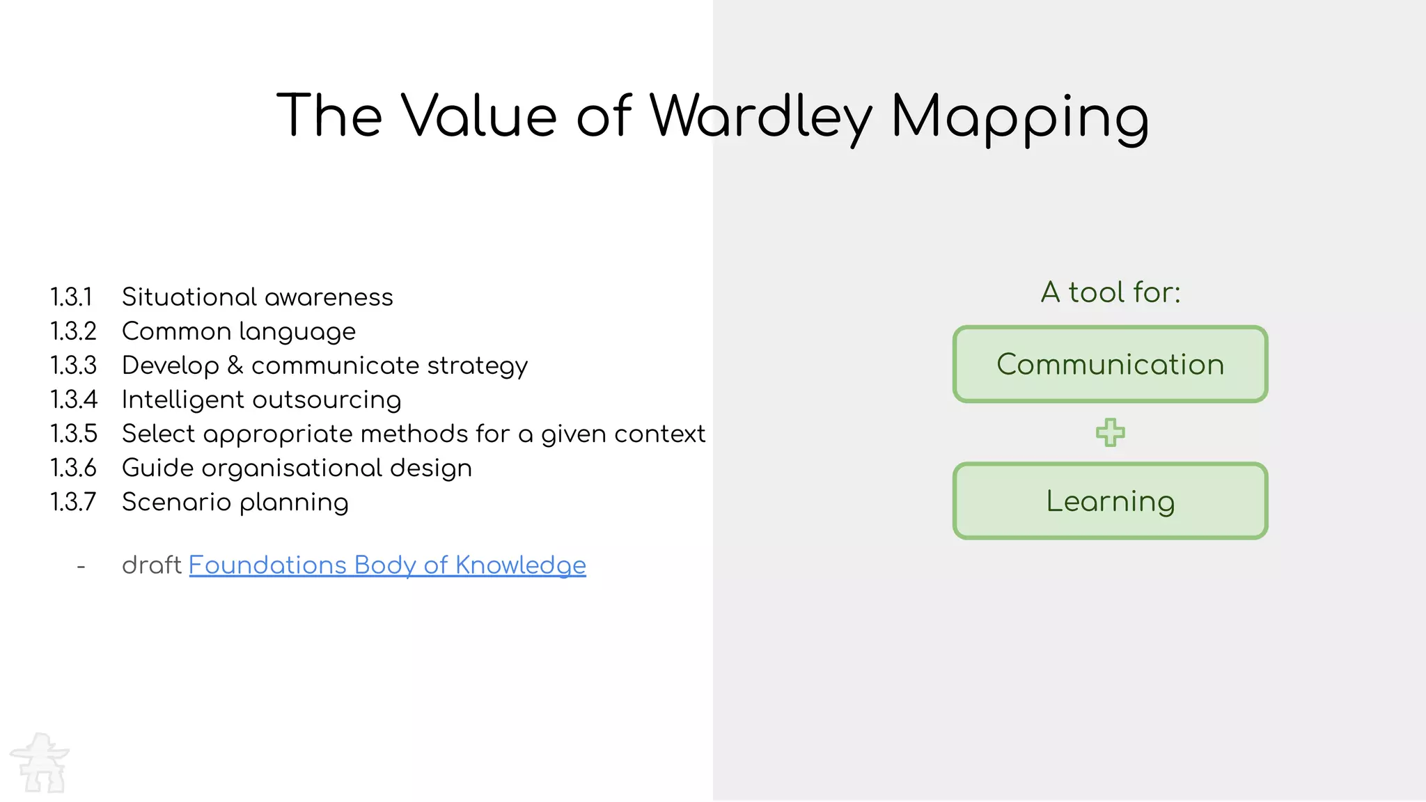 The Value of Wardley Mapping
1.3.1 Situational awareness
1.3.2 Common language
1.3.3 Develop & communicate strategy
1.3.4 Intelligent outsourcing
1.3.5 Select appropriate methods for a given context
1.3.6 Guide organisational design
1.3.7 Scenario planning
- draft Foundations Body of Knowledge
Communication
Learning
A tool for:
 