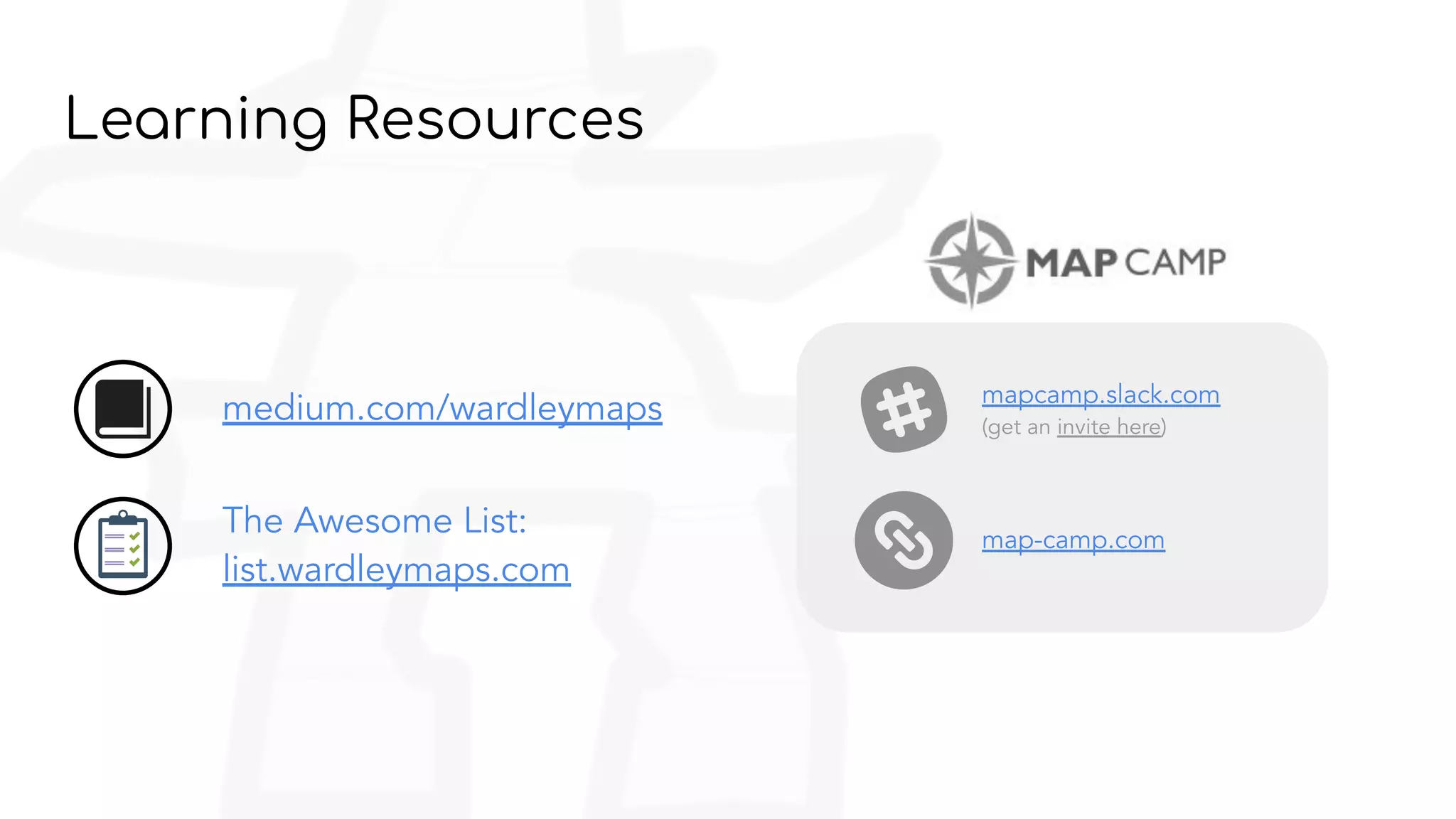 Learning Resources
The Awesome List:
list.wardleymaps.com
medium.com/wardleymaps mapcamp.slack.com
(get an invite here)
map-camp.com
 