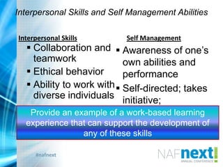 #nafnext
Interpersonal Skills and Self Management Abilities
Interpersonal Skills
 Collaboration and
teamwork
 Ethical behavior
 Ability to work with
diverse individuals
Self Management
 Awareness of one‟s
own abilities and
performance
 Self-directed; takes
initiative;
resourcefulnessProvide an example of a work-based learning
experience that can support the development of
any of these skills
 
