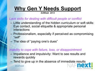 #nafnext
Why Gen Y Needs Support
EdWeek 2013
• Lack skills for dealing with difficult people or conflict
– Little understanding of the hidden curriculum or soft skills:
Eye contact, social etiquette & appropriate personal
interactions
– Professionalism, especially if perceived as compromising
“self”
– The idea of “paying one‟s dues”
• Inability to cope with failure, loss, or disappointment
– Impatience and impulsivity: Want to see results and
rewards quickly
– Tend to give up in the absence of immediate results
 