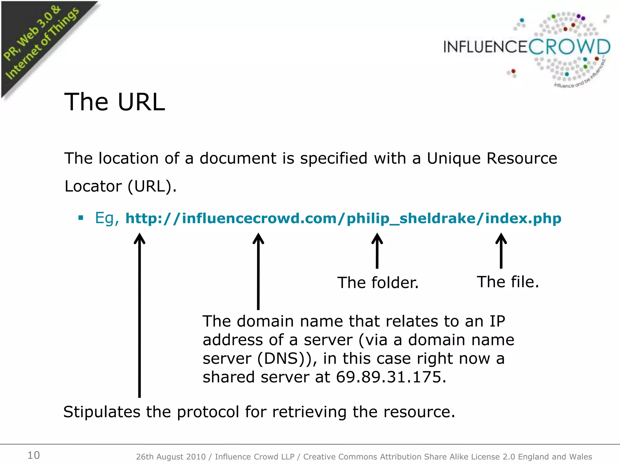 The location of a document is specified with a Unique Resource Locator (URL).Eg, http://influencecrowd.com/philip_sheldrake/index.phpThe URL26th August 2010 / Influence Crowd LLP / Creative Commons Attribution Share Alike License 2.0 England and Wales 10The file.The folder.The domain name that relates to an IP address of a server (via a domain name server (DNS)), in this case right now a shared server at 69.89.31.175.Stipulates the protocol for retrieving the resource.