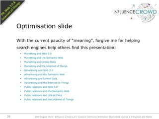 With the current paucity of “meaning”, forgive me for helping search engines help others find this presentation:Marketing and Web 3.0Marketing and the Semantic WebMarketing and Linked DataMarketing and the Internet of ThingsAdvertising and Web 3.0Advertising and the Semantic WebAdvertising and Linked DataAdvertising and the Internet of ThingsPublic relations and Web 3.0Public relations and the Semantic WebPublic relations and Linked DataPublic relations and the Internet of ThingsOptimisation slide26th August 2010 / Influence Crowd LLP / Creative Commons Attribution Share Alike License 2.0 England and Wales 39